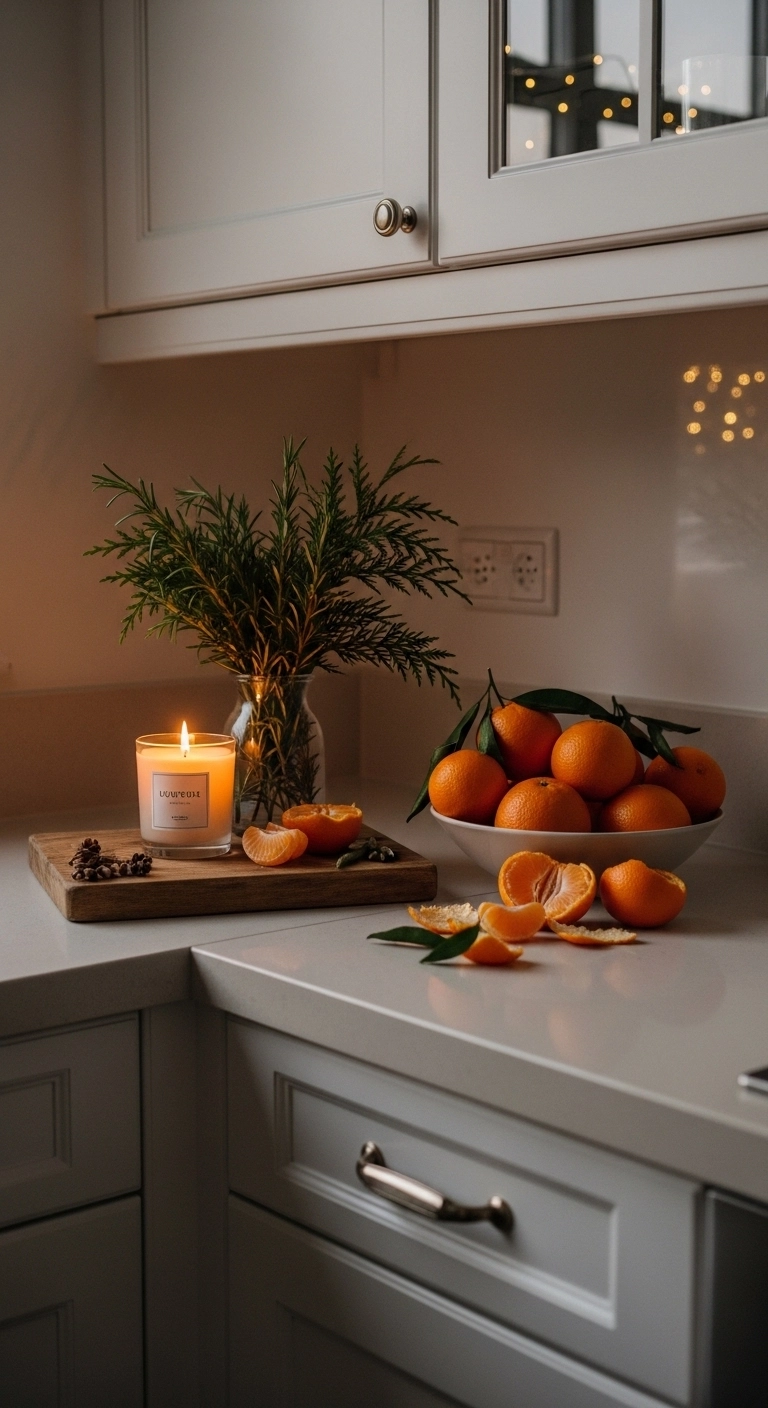 christmas candle decor ideas with a candle styled in a kitchen corner