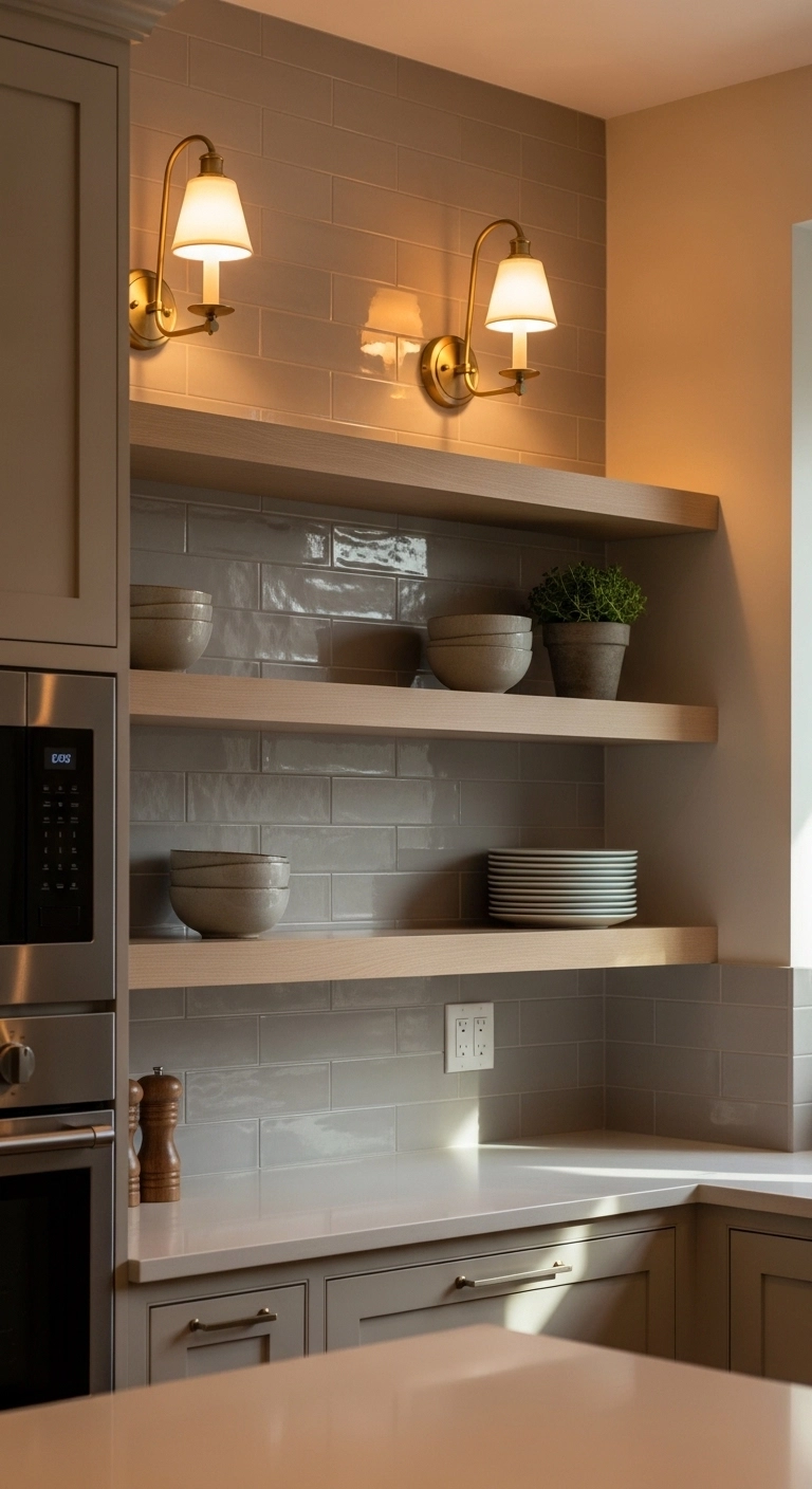 Kitchen lighting ideas with wall sconces above open kitchen shelves