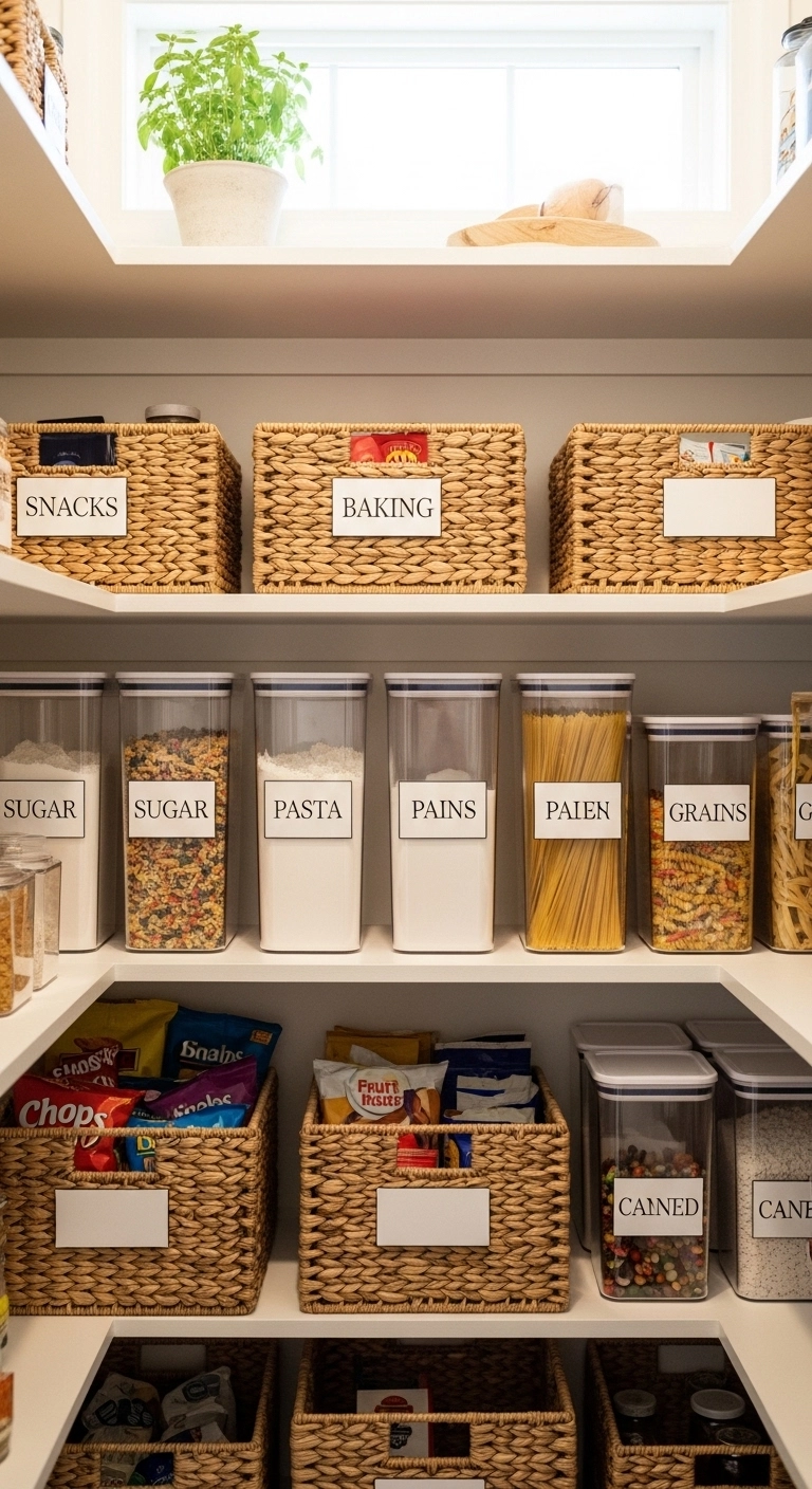 small pantry ideas with labeled baskets and containers