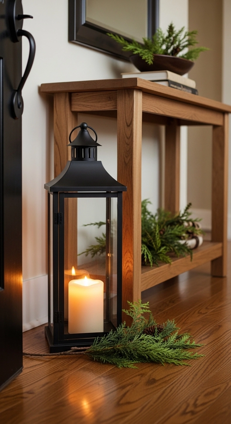 christmas candle decor ideas with a lantern and candle in an entryway