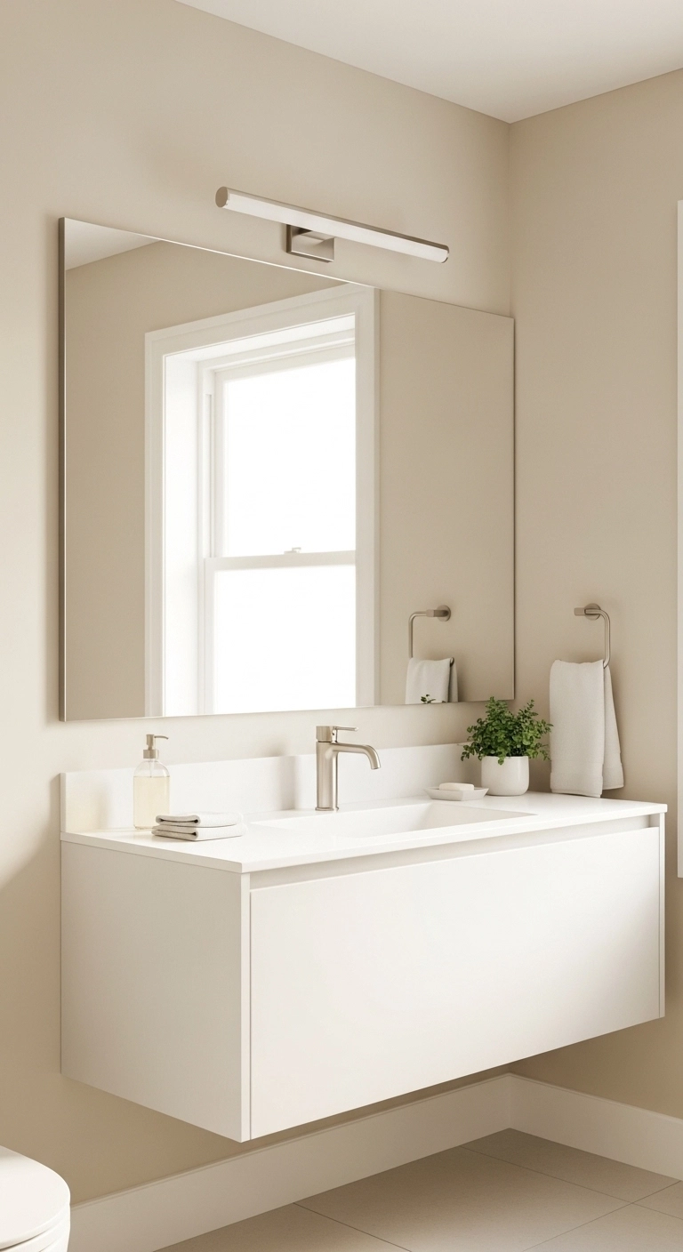 Bathroom mirror ideas with a large frameless mirror above a modern vanity