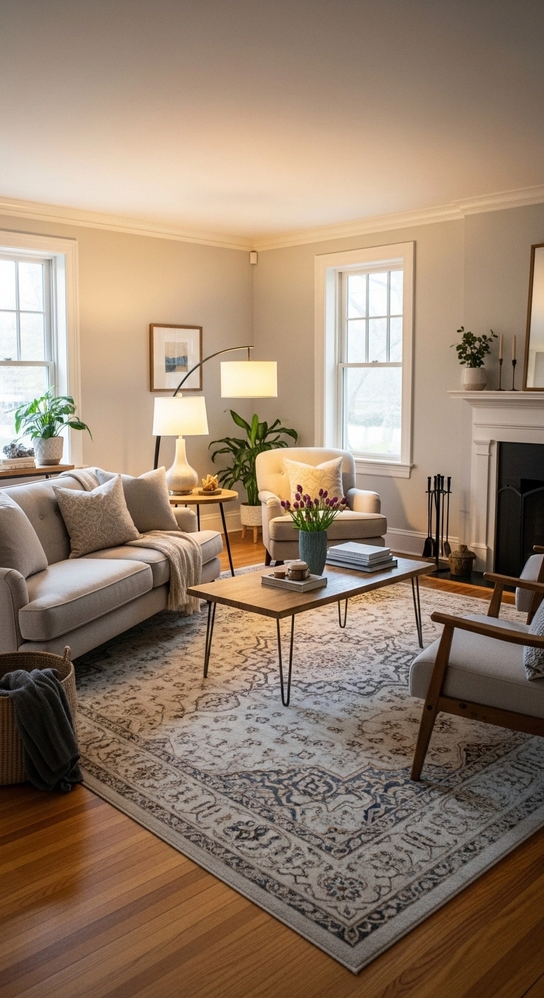 easy home decor updates with a large rug under living room furniture