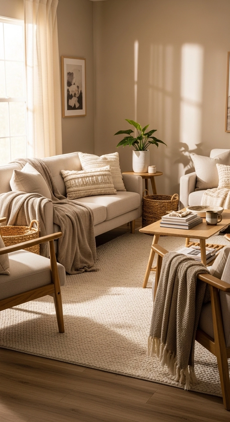 decorating a rental with a large area rug in a warm cozy living room