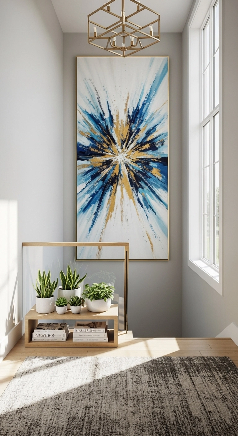 staircase decor ideas with large scale artwork on a tall stair wall