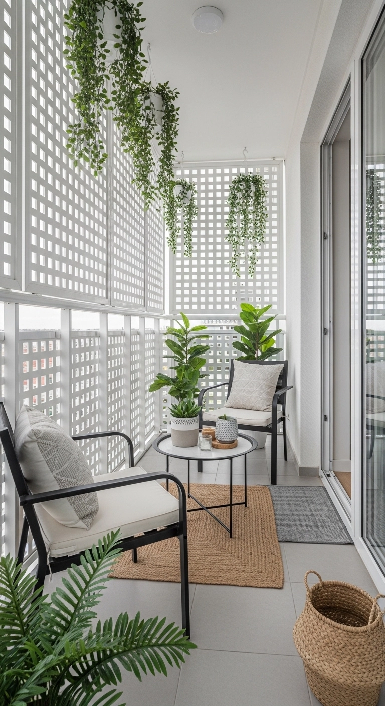 Balcony privacy ideas featuring white lattice panels and hanging plants