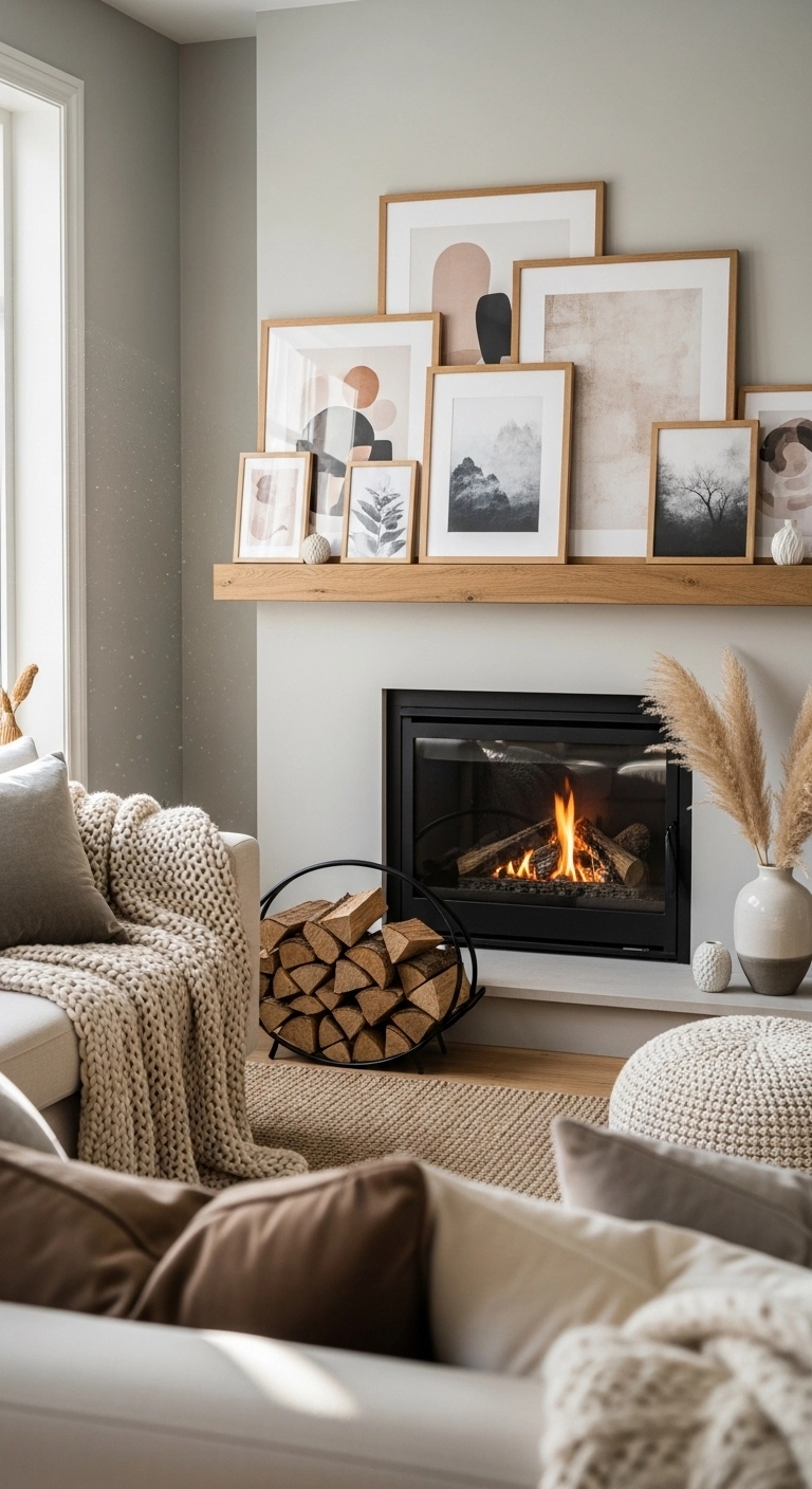 Fireplace decor ideas with layered framed art on a cozy mantel
