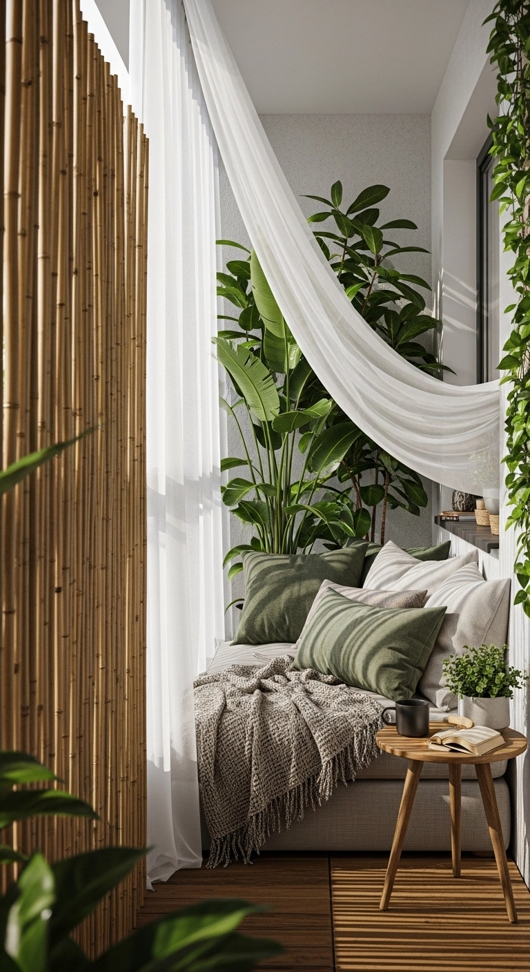 Balcony privacy ideas with layered screens, plants, and curtains for a hidden nook