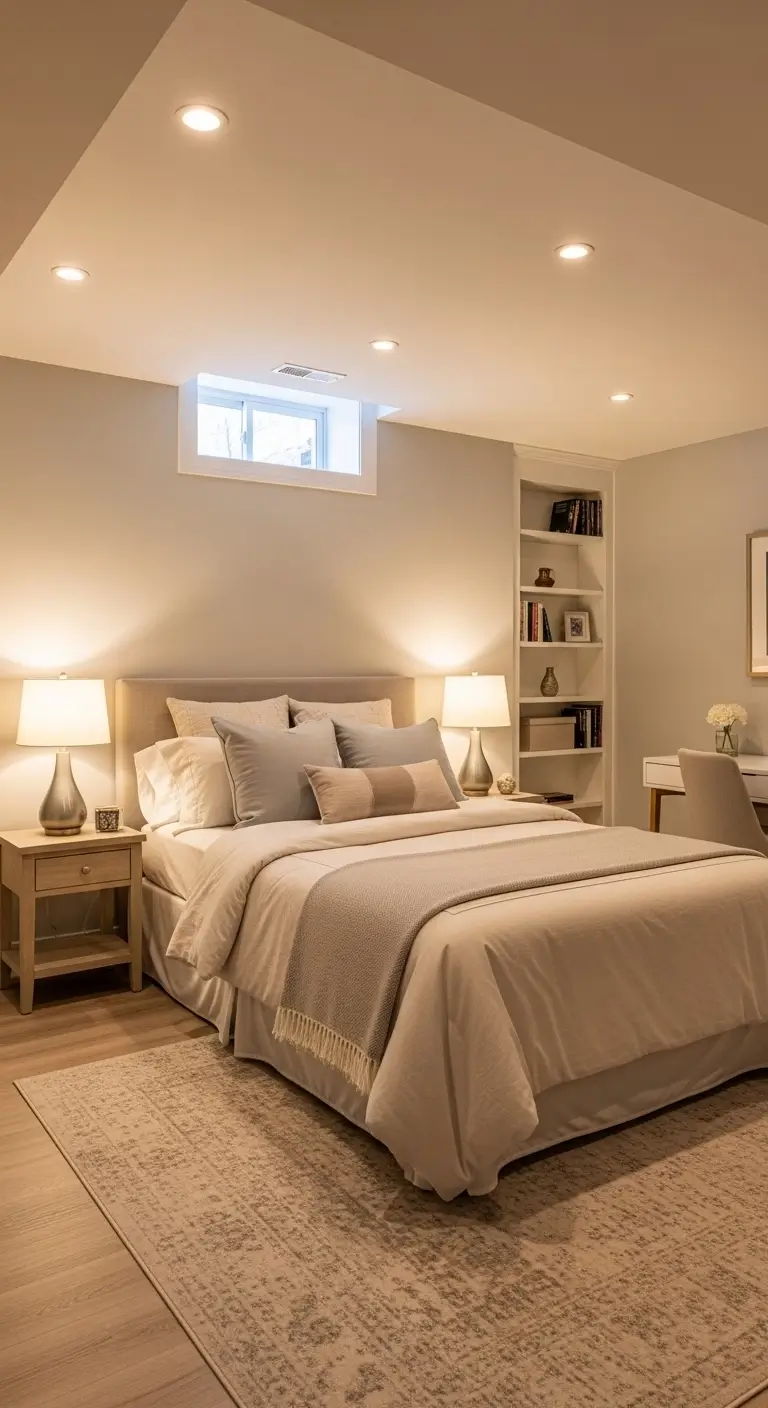 basement bedroom ideas with layered warm lighting and bedside lamps