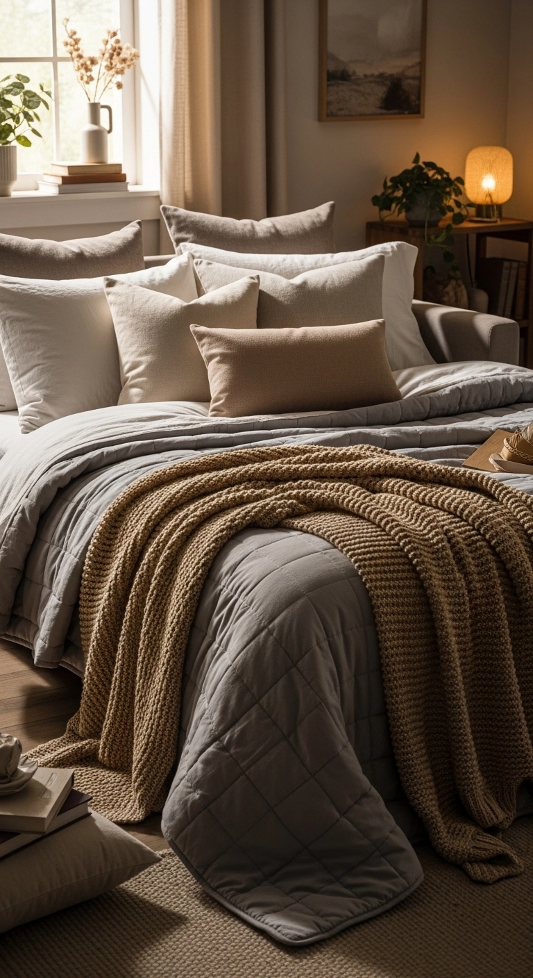 small room decor ideas with layered bedding and soft throws