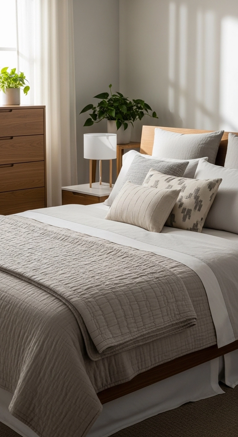 affordable bedroom ideas with layered bedding in a clean stylish bedroom