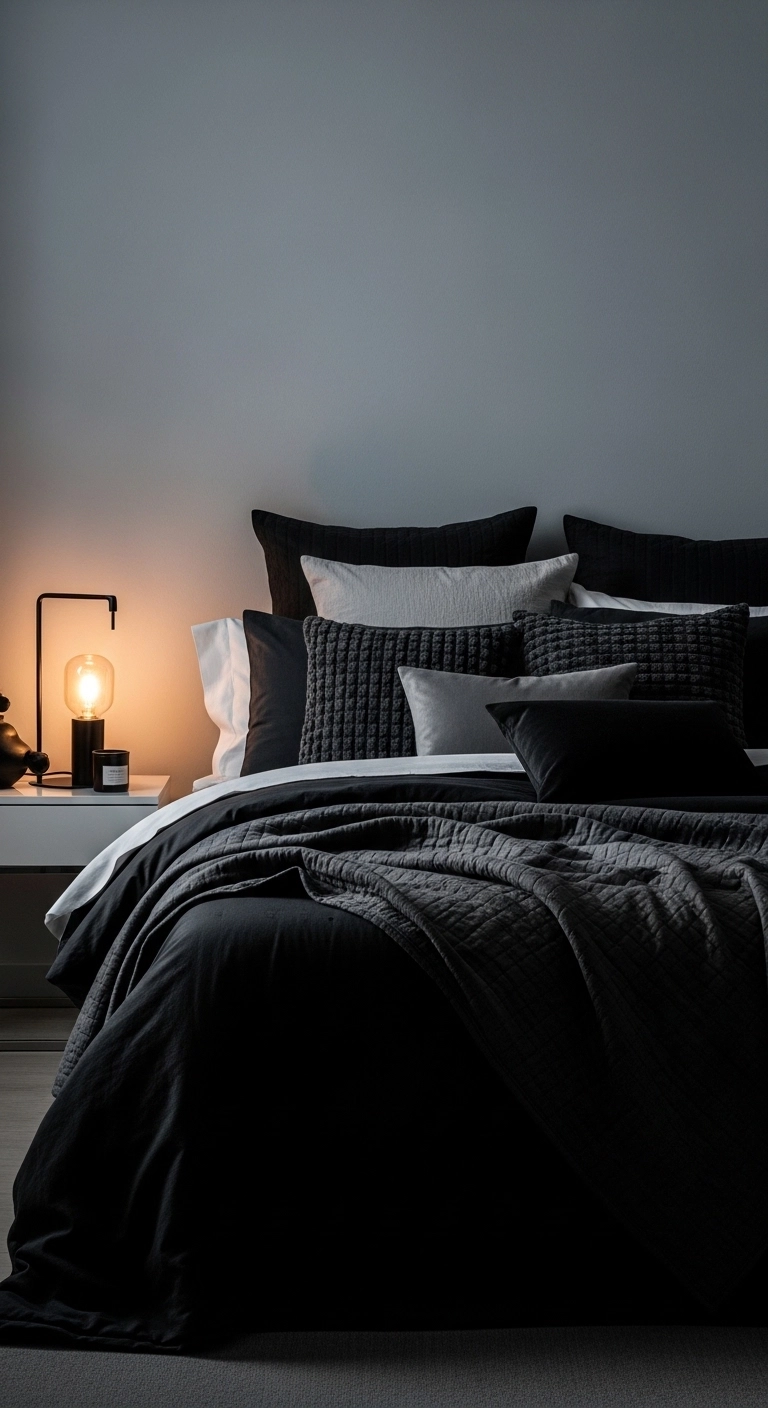 Black bedroom ideas using layered black bedding for a rich modern look