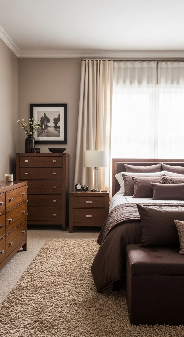 Brown bedroom ideas with layered tones, tan rug, and wood furniture