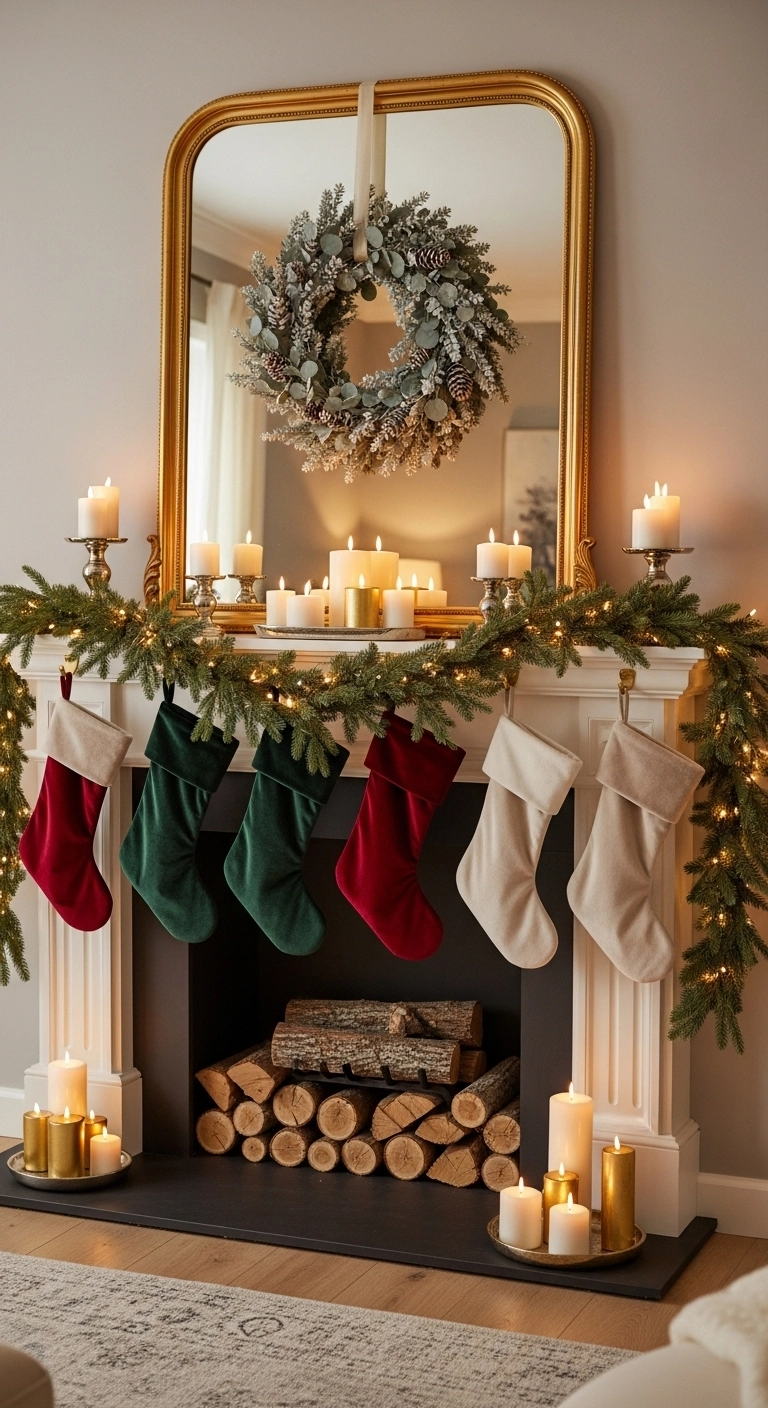 living room christmas decor with layered mantel styling and stockings