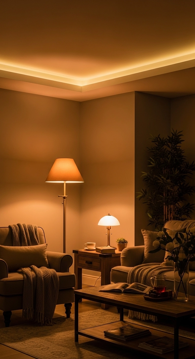 small living room decor ideas with layered lighting for cozy comfort