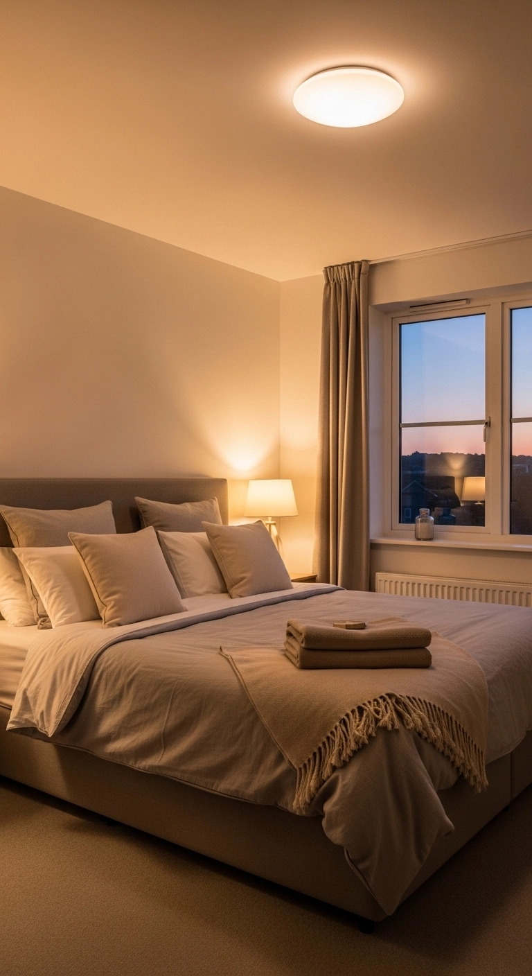Calm bedroom ideas with layered lighting and warm bedside lamps