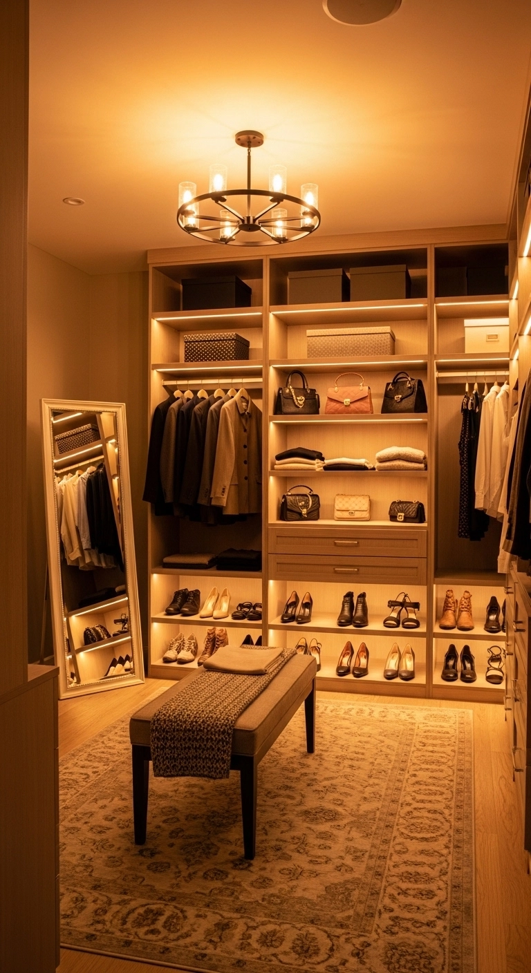 Walk in closet ideas with layered lighting and warm illuminated storage