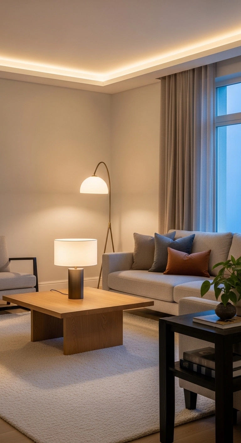 modern living room designs with layered lighting and warm evening glow