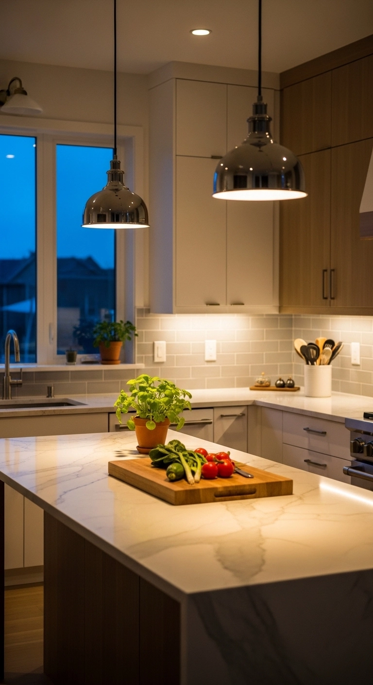 warm kitchen aesthetic with layered pendant and under-cabinet lighting