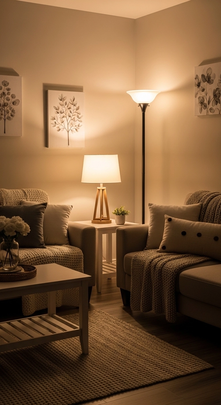 Small home interior design ideas with layered lighting for a cozy room