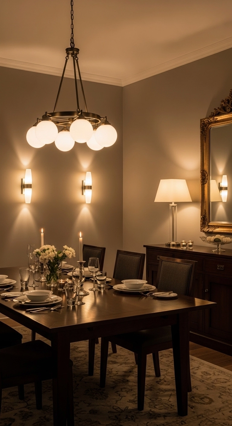 Dining room ideas with layered lighting, pendant fixture, sconces, and soft glow