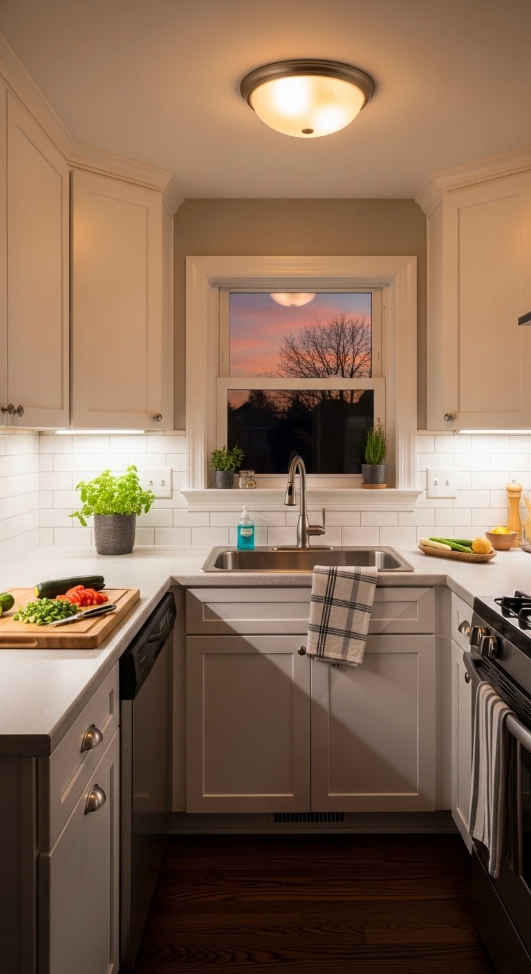 Small kitchen design ideas with layered lighting and under-cabinet lights