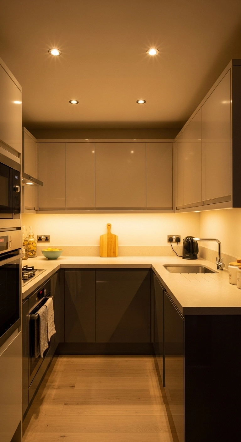 galley kitchen ideas with layered lighting and under-cabinet lights