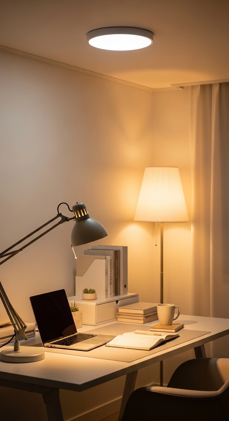 home office ideas with layered lighting for a calm workspace