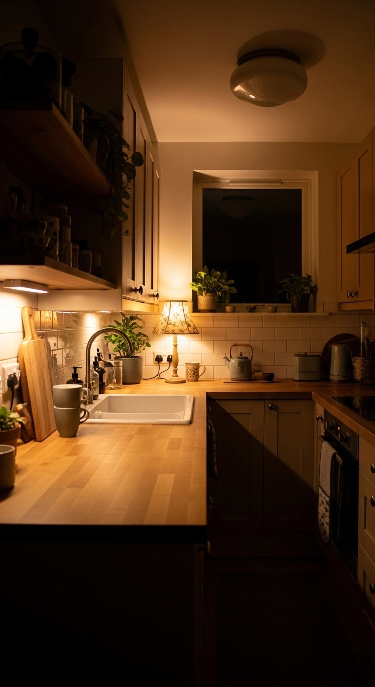 kitchen ideas for small spaces with layered lighting in dark corners