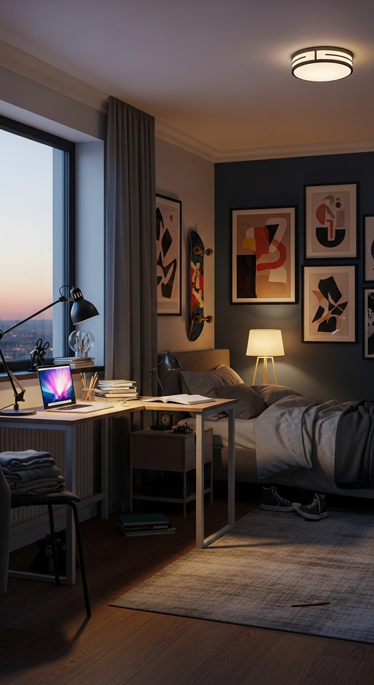 teenage boy bedroom ideas with layered bedroom lighting