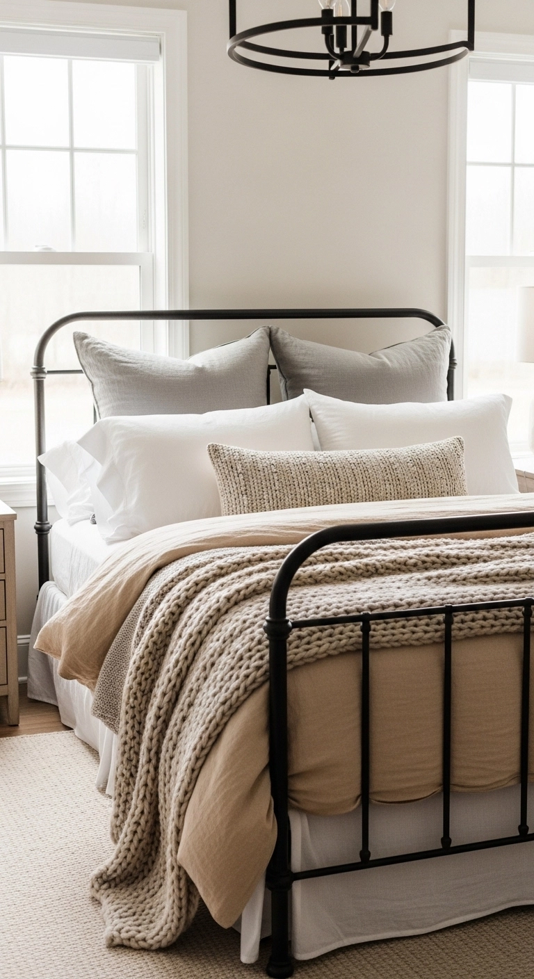 metal bed frame bedroom ideas with layered pillows and soft neutral bedding