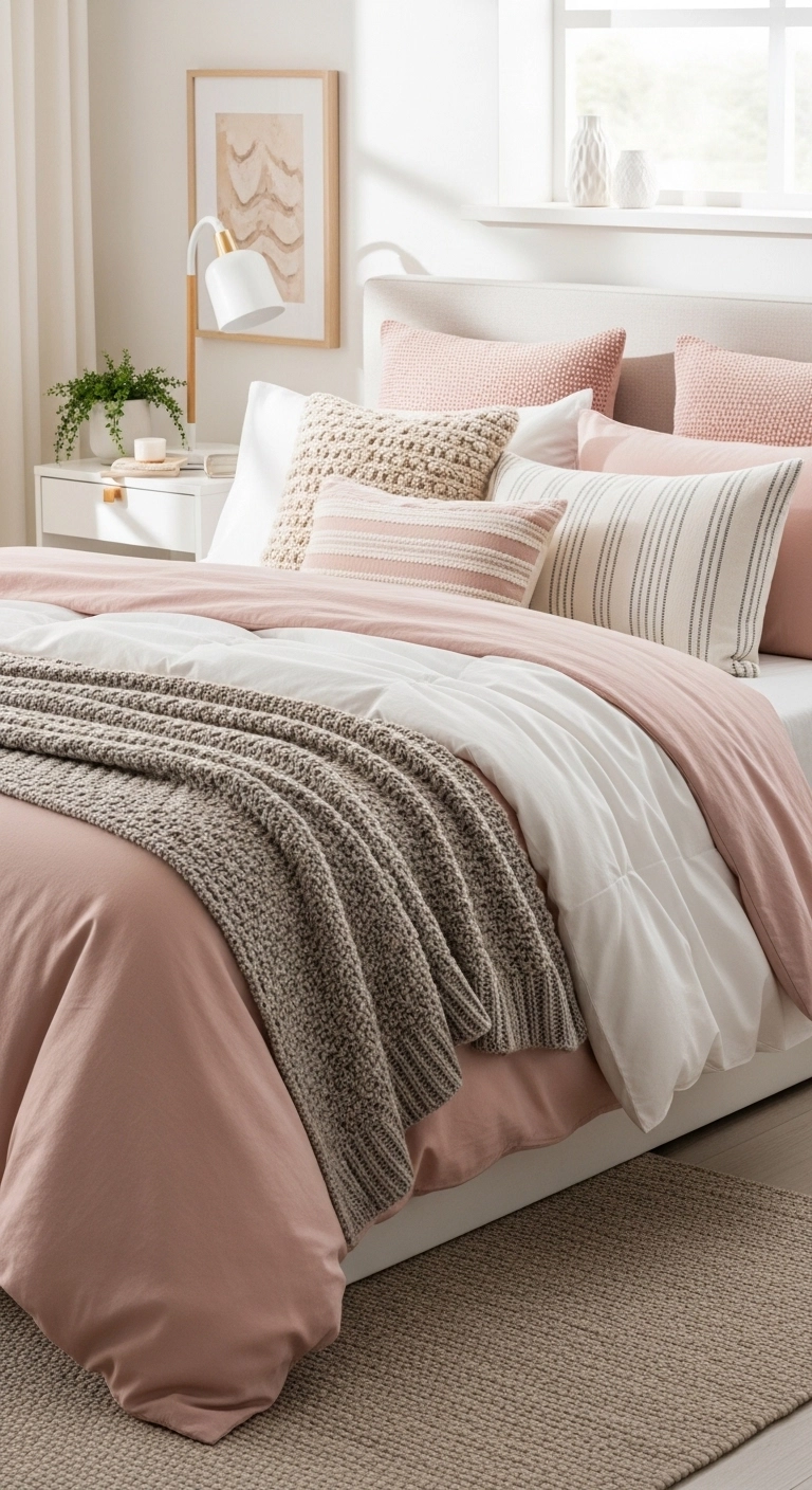 Pink bedroom ideas with layered blush bedding and cozy textures
