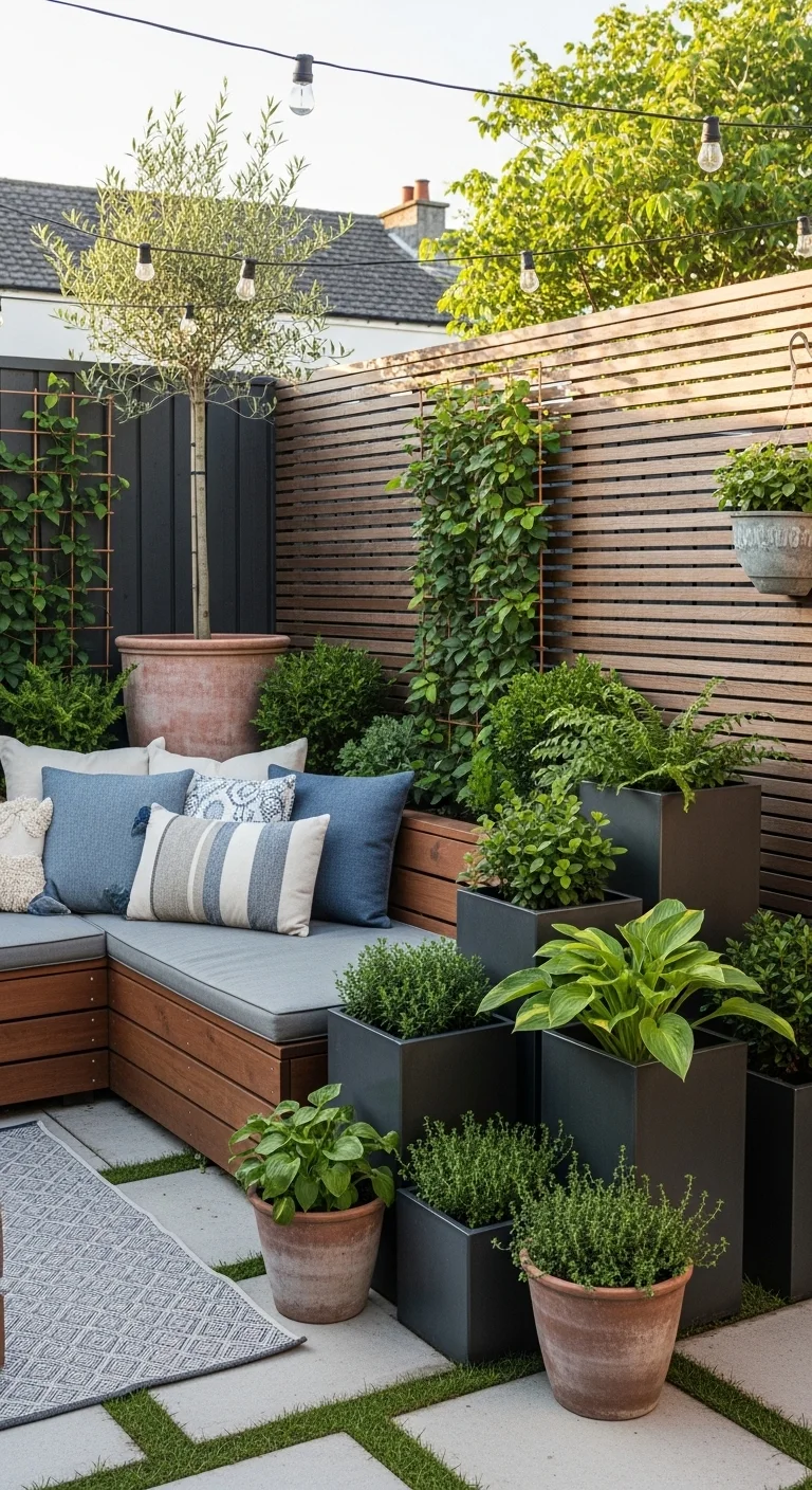 budget small backyard ideas with planters in different heights