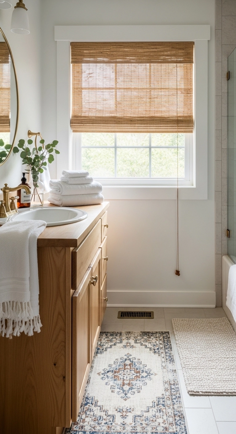 Farmhouse bathroom ideas with layered textiles for a soft warm rustic feel