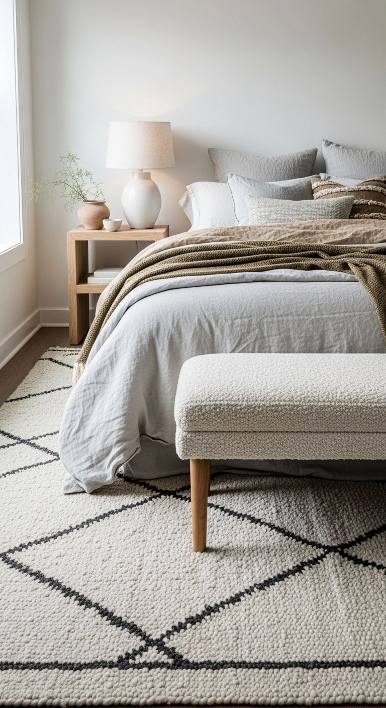 Calm bedroom ideas with layered textures and soft woven materials