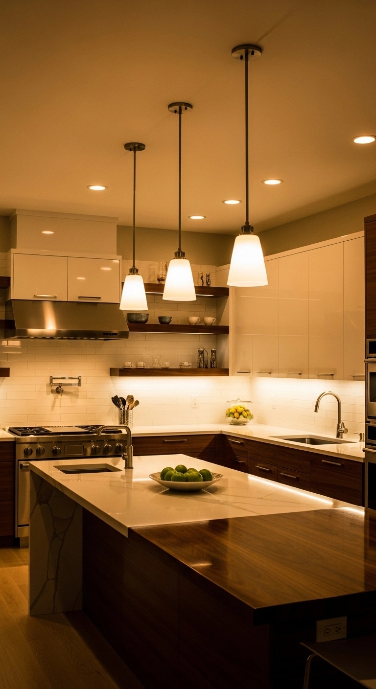 Kitchen lighting ideas with layered lighting for a warm modern kitchen