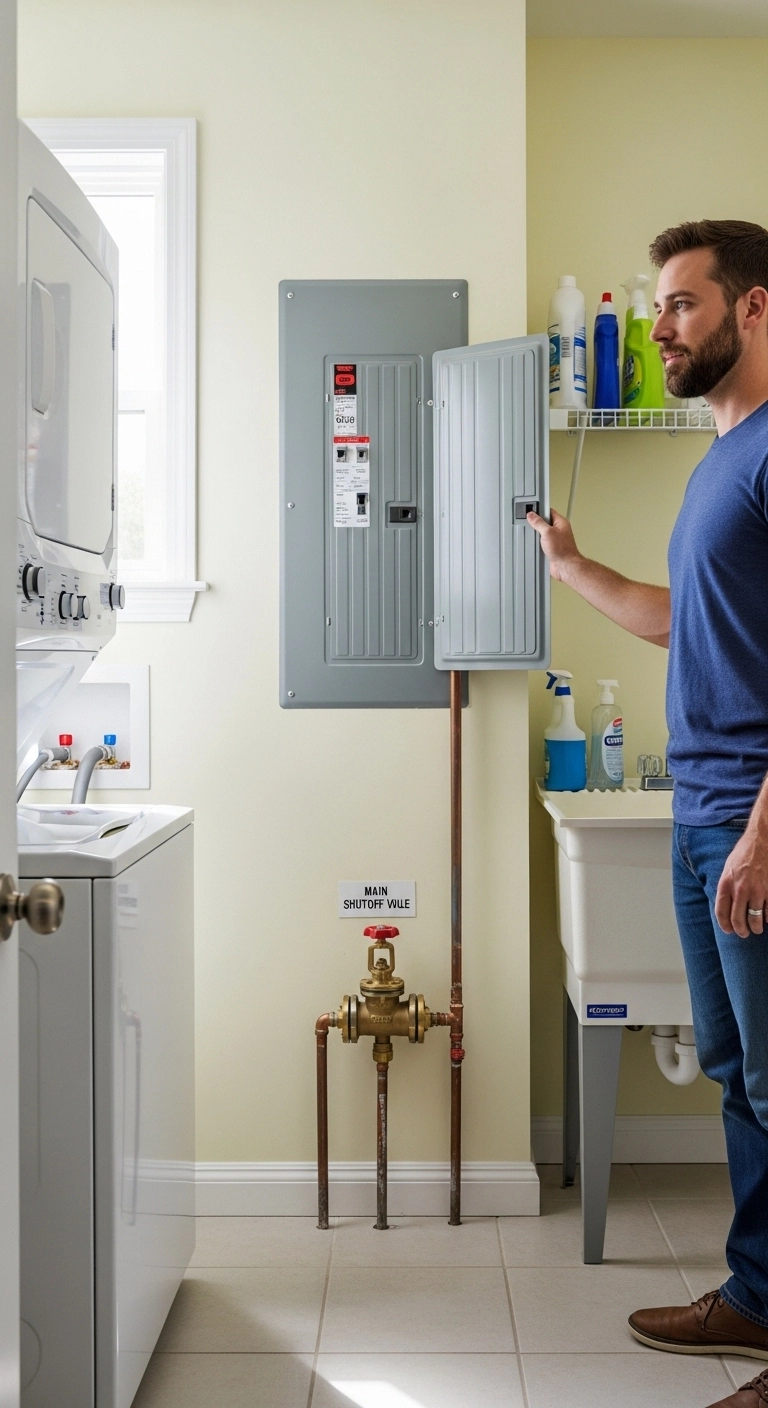 New homeowner checklist showing utility shutoff valve and electric panel inspection