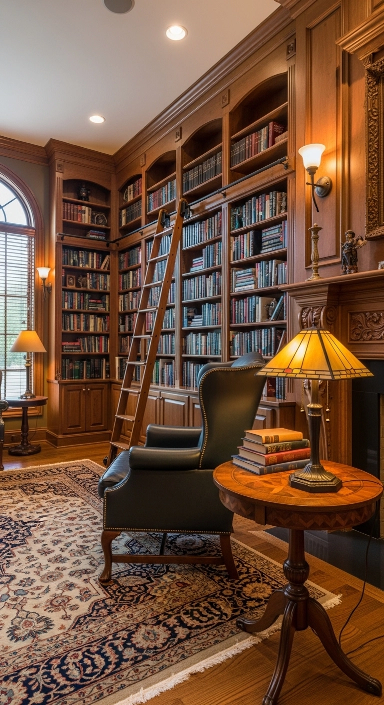 Library room ideas with tall shelves and a sliding wooden library ladder