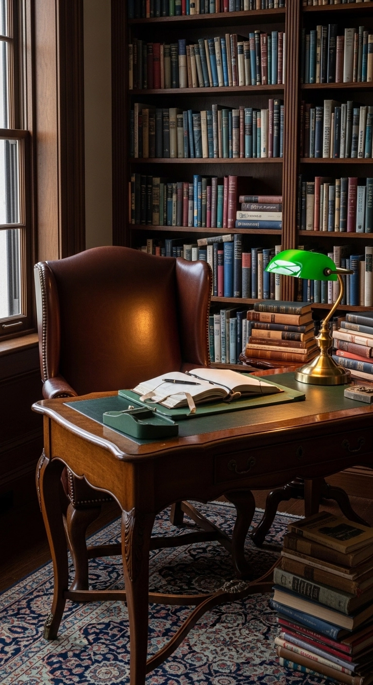 Library room ideas with a small writing desk inside a cozy library