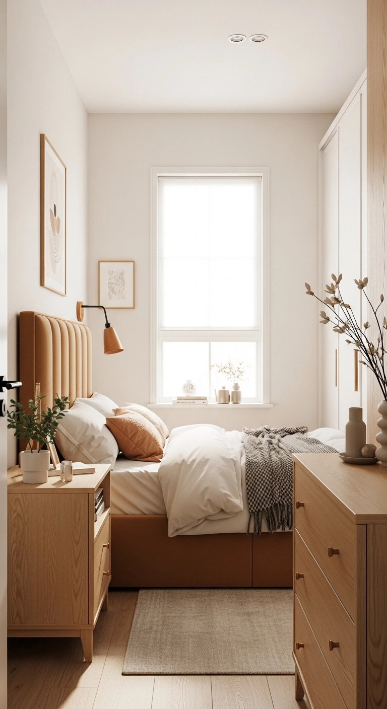 Brown bedroom ideas for a small room in light tan and camel tones