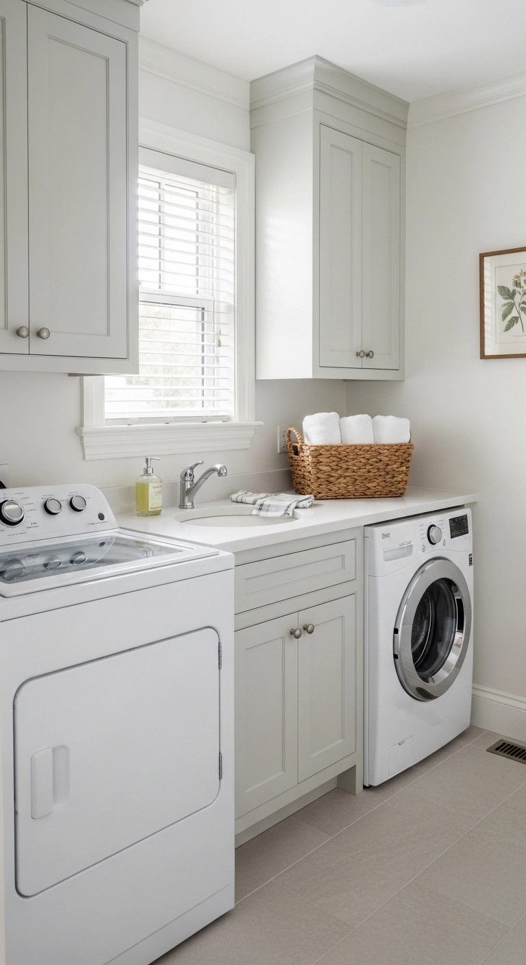 Small laundry room ideas with light colors and clean bright finishes