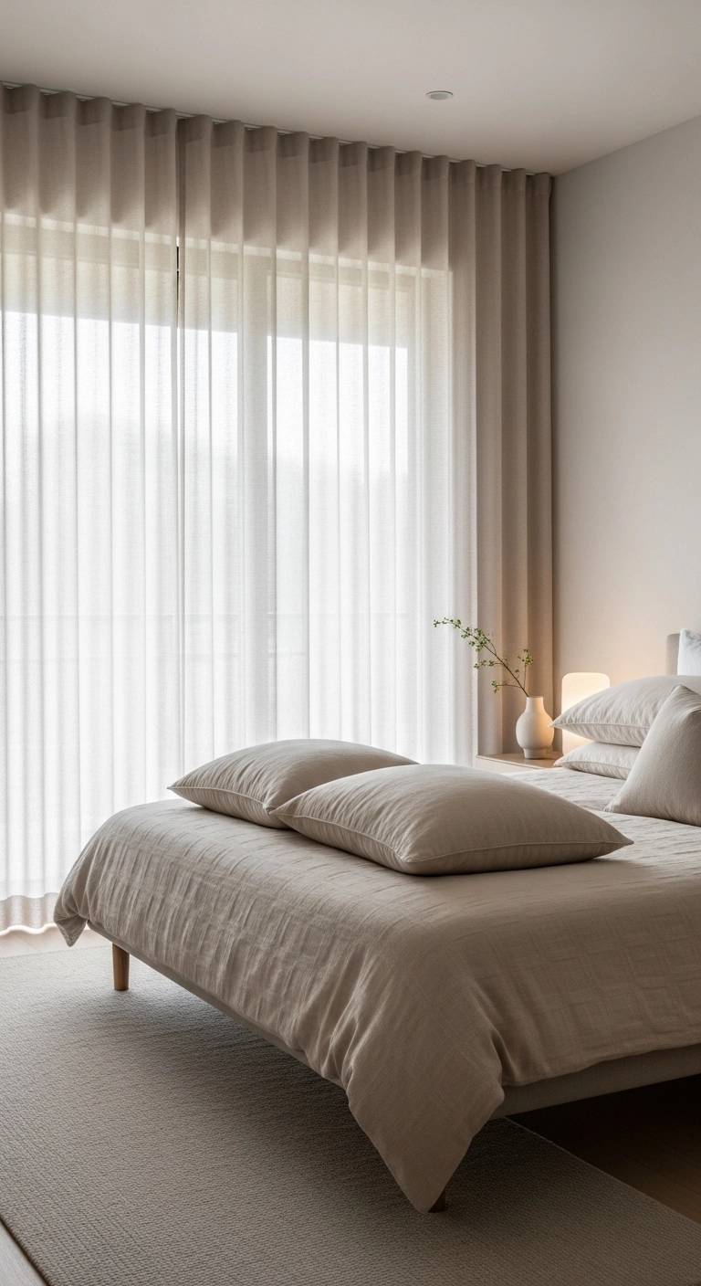 spa bedroom ideas with light-filtering curtains and soft daylight