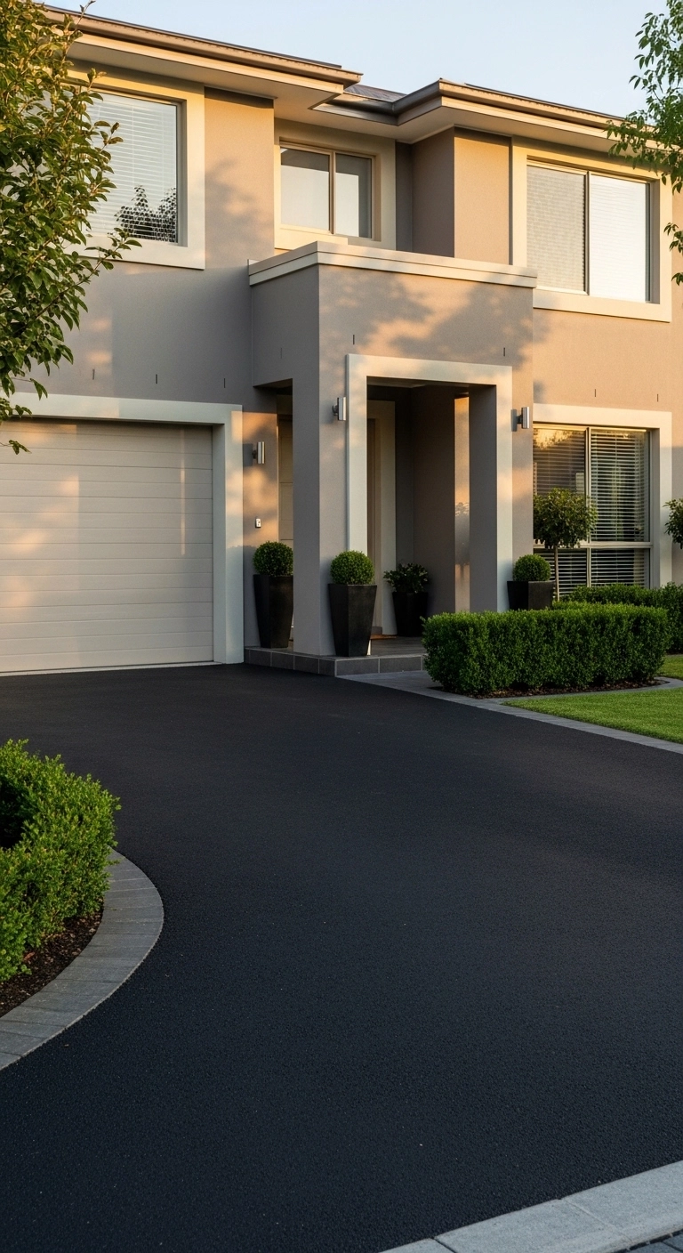 Asphalt driveway ideas with a light garage door and dark driveway contrast