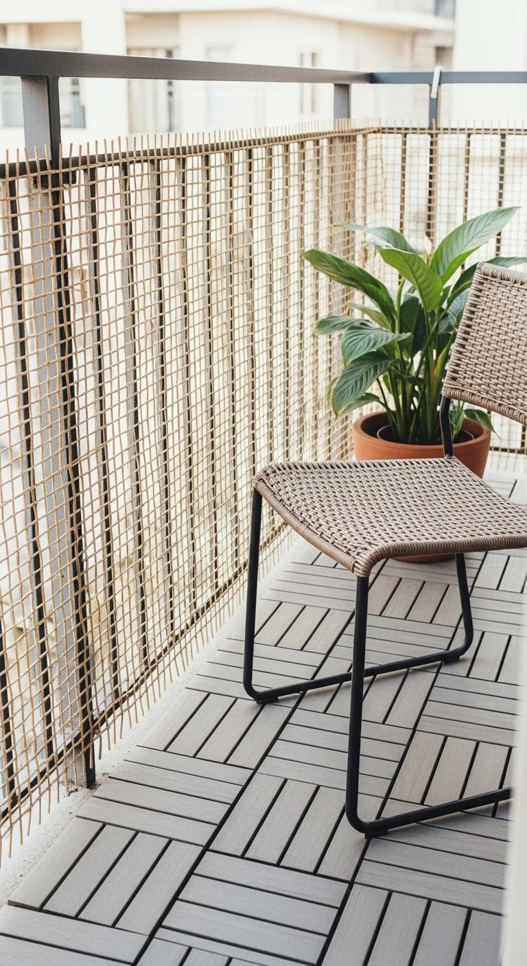 apartment balcony ideas with a light privacy screen and modern seating