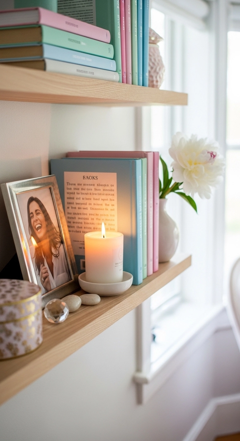 girly room dcore ideas with neatly styled shelves and soft decor