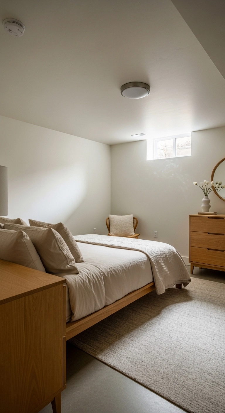 basement bedroom ideas with warm white walls and soft neutral bedding