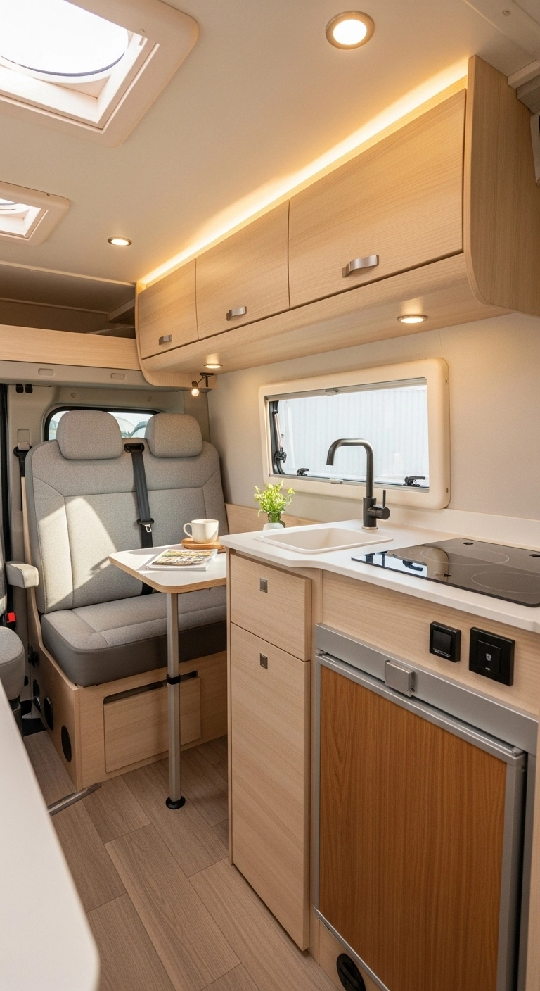camper interior ideas with a light neutral color base and pale wood cabinets