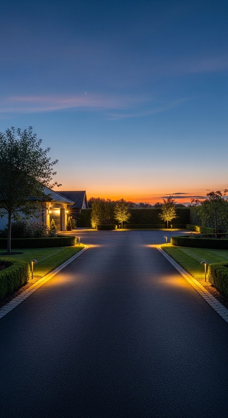 Asphalt driveway ideas with soft edge lighting for a neat night view