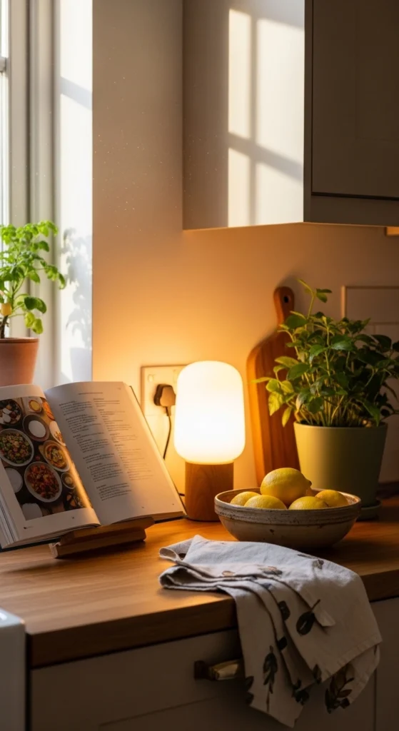 warm kitchen aesthetic with cookbook, lemons, lamp, and plant