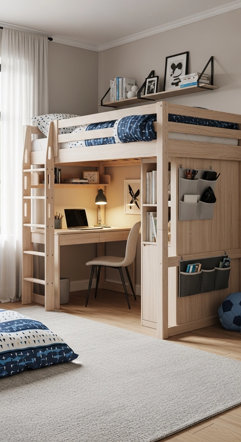 boys bedroom ideas with loft bed and space-saving study area below