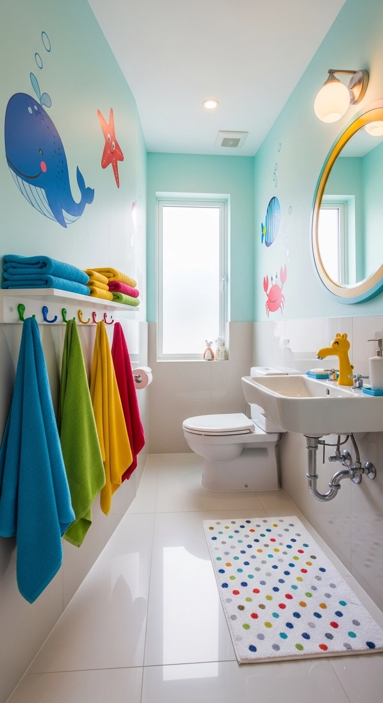 kids bathroom ideas with child height hooks for towels